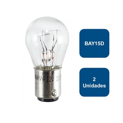 Ampolleta 12V para Automovil Globo Grande 2 contactos BAY15D 21/5W 2un. - Rukafe Basics en Rukafe Ferreteria Ñuñoa Ñuñoa